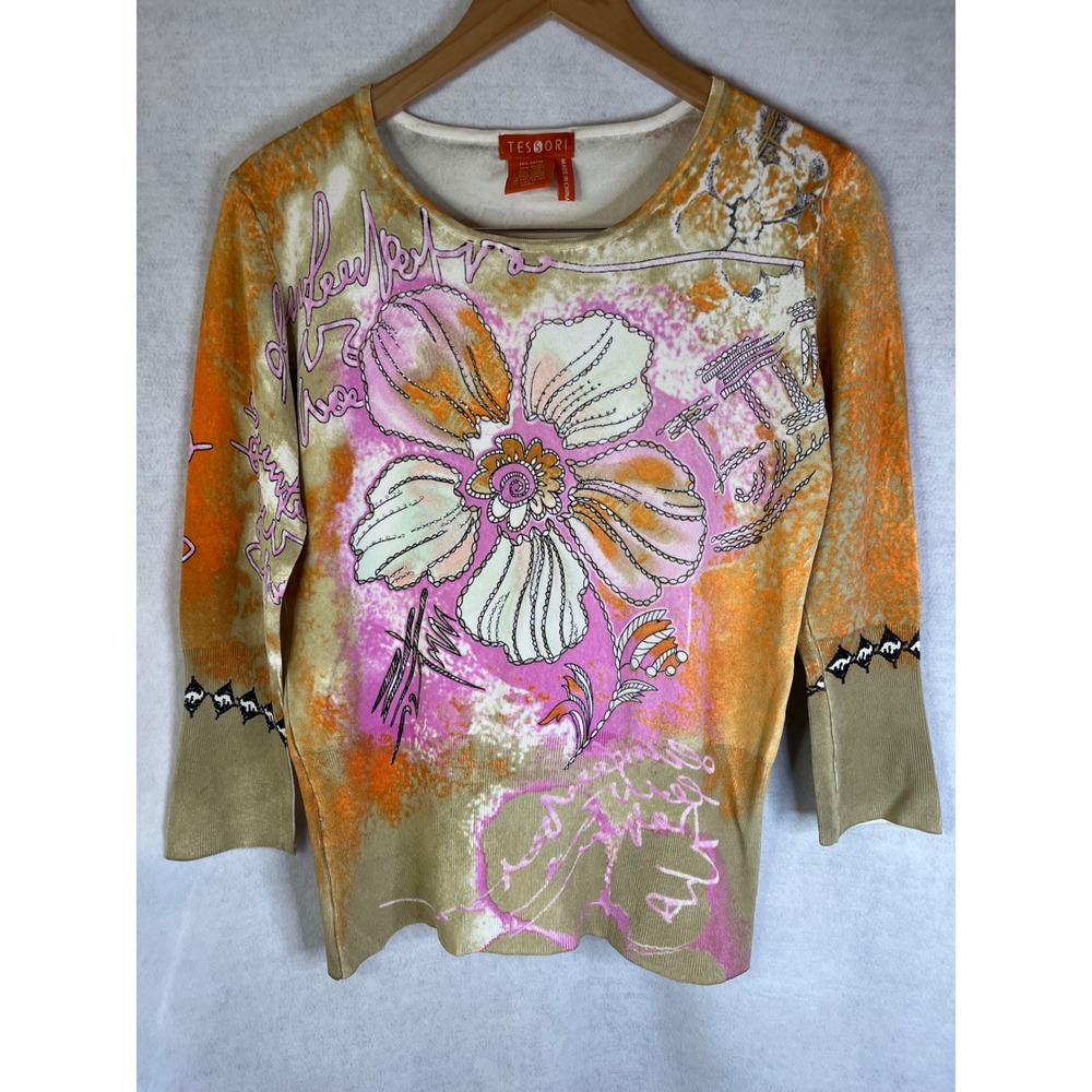 Tessori Y2K 2000s print top‎ 3/4 sleeve flower sparkly stretch Small artsy